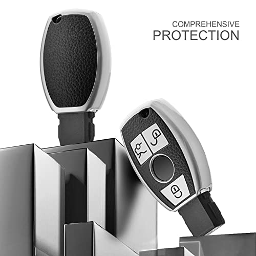 ELOHEI for Mercedes Benz Key Fob Cover, Premium Soft TPU Key Case Cover Compatible with Mercedes Benz C E S M CLS CLK G Class Keyless Smart Key Fob(Leather Texture Silver) - Image 2