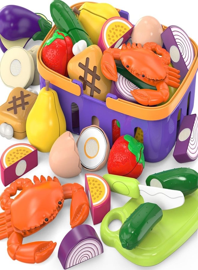 MOEAWS Cutting Play Food Toys Set with Grocery Basket, Pretend Play Kitchen Accessories, Toddler Educational Kitchen, Plastic Fake Food, Vegetables & Fruits for Kids Age 3-5, Birthday Gift for Boys Girls - Image 1