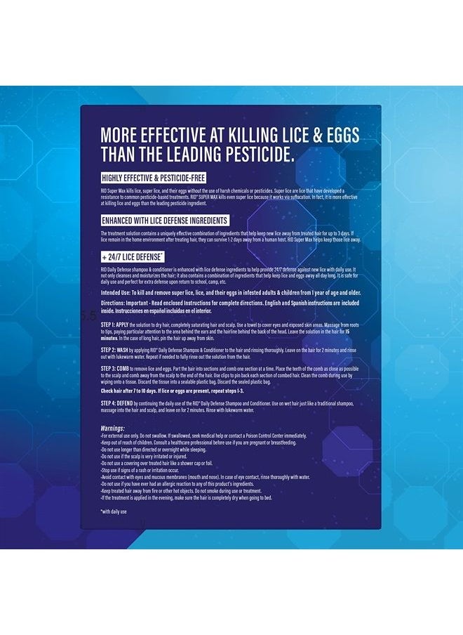 RID - Super Max 5-in-1 Complete Lice Treatment Kit, Kills Super Lice & Eggs + 24/7 Lice Defense, Pesticide-Free, Includes Daily Defense Shampoo & Conditioner + Nit Removal Comb - Image 1