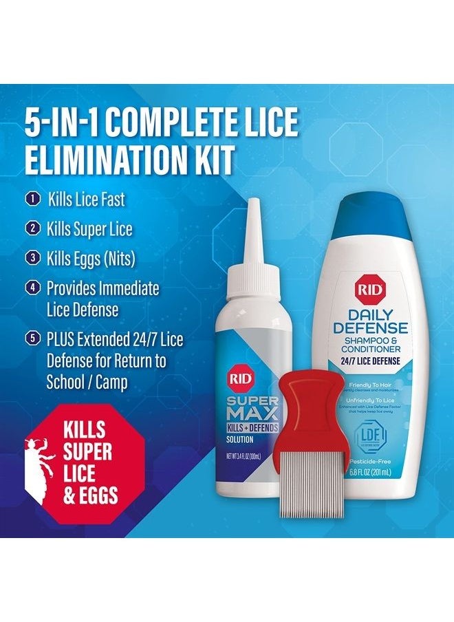RID - Super Max 5-in-1 Complete Lice Treatment Kit, Kills Super Lice & Eggs + 24/7 Lice Defense, Pesticide-Free, Includes Daily Defense Shampoo & Conditioner + Nit Removal Comb - Image 1