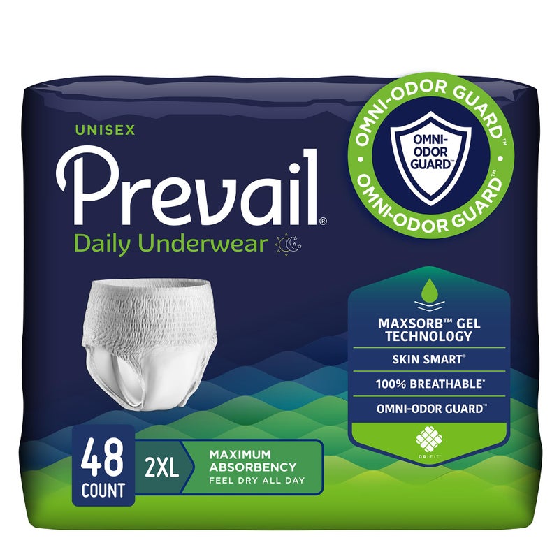 Prevail Daily Protective Underwear - Unisex Adult Incontinence Underwear - Disposable Adult Diaper for Men & Women - Maximum Absorbency - XX-Large - 12 Count (Pack of 4) - Image 1