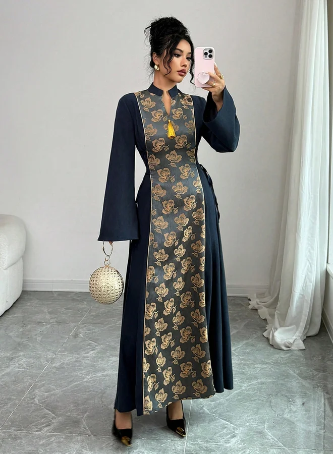 Take Two Navy Blue Navy Blue Floral Panel Printed Tassel Detail Jalabiya for Women | Best Price UAE