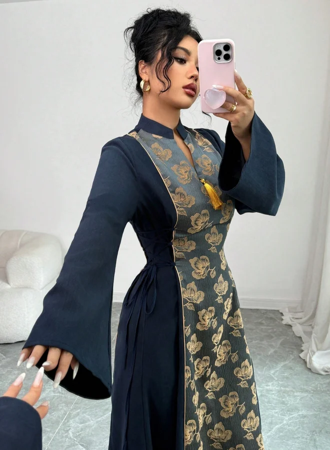 Take Two Navy Blue Navy Blue Floral Panel Printed Tassel Detail Jalabiya for Women | Best Price UAE