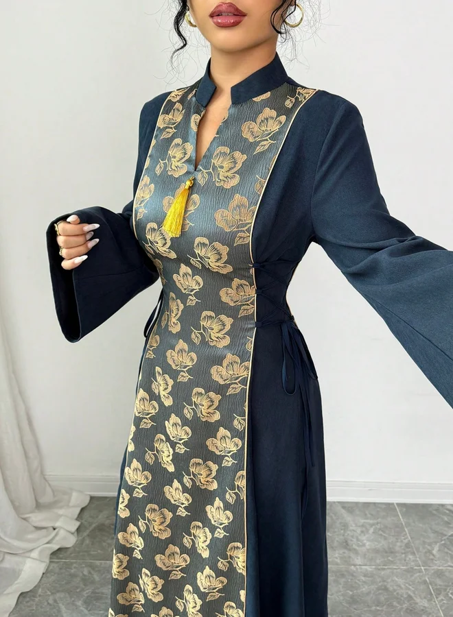 Take Two Navy Blue Navy Blue Floral Panel Printed Tassel Detail Jalabiya for Women | Best Price UAE
