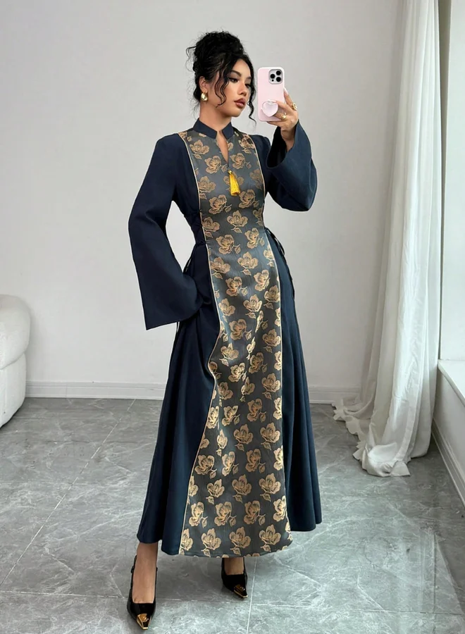 Take Two Navy Blue Navy Blue Floral Panel Printed Tassel Detail Jalabiya for Women | Best Price UAE