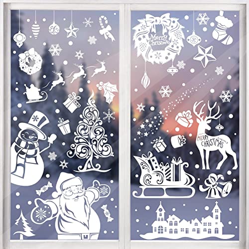 CCINEE Christmas Window Clings 167pcs White Xmas Window Sticker 8 Sheets Snowflakes Santa Claus Reindeer Decals for Holiday Decoration Glass Window