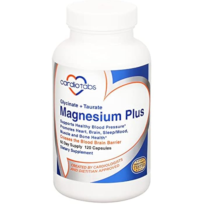 CardioTabs Magnesium Plus – 200 mg of Magnesium Glycinate and Magnesium Taurate for Blood Pressure, Heart, Brain, Sleep & Mood Support – Highly Concentrated and Well Absorbed - 120 Capsules - Image 1