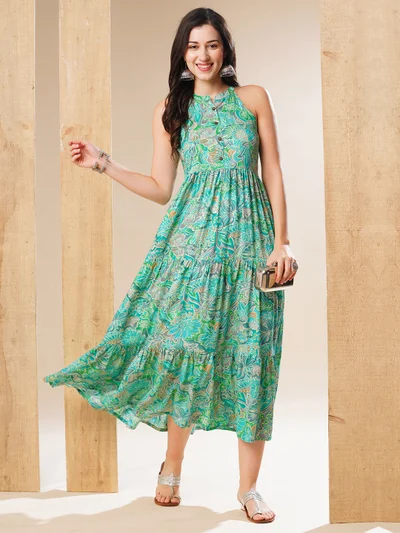 جلو باص Women Floral Print Tiered Fit And Flare Maxi Ethnic Dress