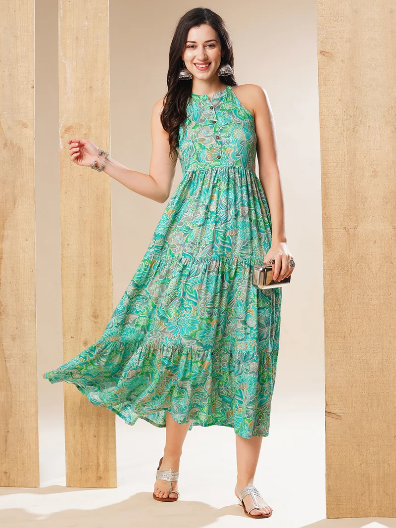 جلو باص Women Floral Print Tiered Fit And Flare Maxi Ethnic Dress