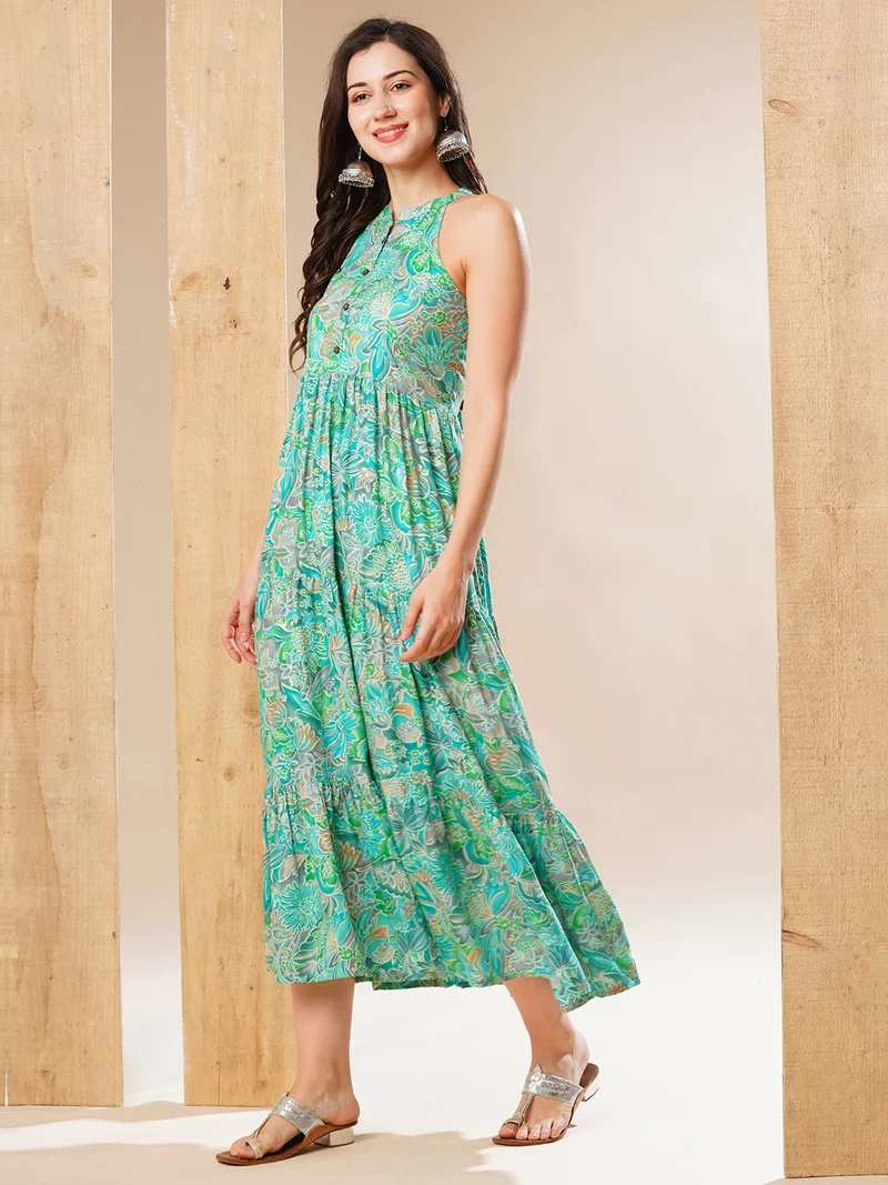 جلو باص Women Floral Print Tiered Fit And Flare Maxi Ethnic Dress