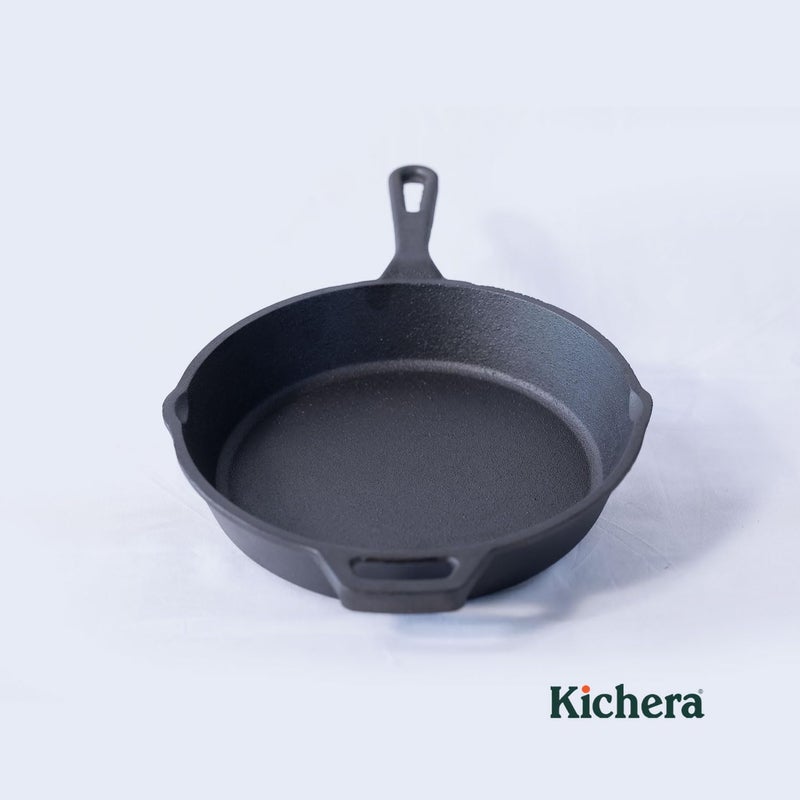 Kichera Pre Seasoned Cast Iron Skillet with Pour Spouts Easy Grip Handle NonStick Frying Pans Compatible with Gas Stovetop Induction Oven 95 Inch 24cm 18Ltr 27kg Pure Toxin Free - Image 2