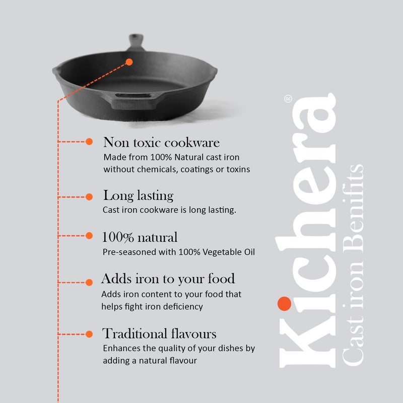 Kichera Pre Seasoned Cast Iron Skillet with Pour Spouts Easy Grip Handle NonStick Frying Pans Compatible with Gas Stovetop Induction Oven 95 Inch 24cm 18Ltr 27kg Pure Toxin Free - Image 5