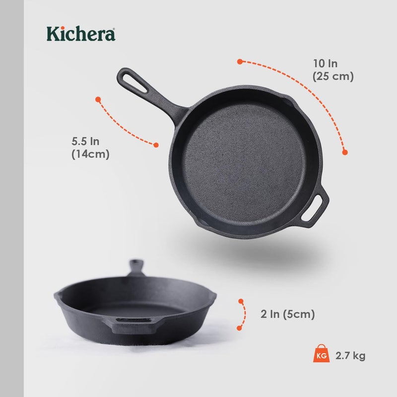 Kichera Pre Seasoned Cast Iron Skillet with Pour Spouts Easy Grip Handle NonStick Frying Pans Compatible with Gas Stovetop Induction Oven 95 Inch 24cm 18Ltr 27kg Pure Toxin Free - Image 4