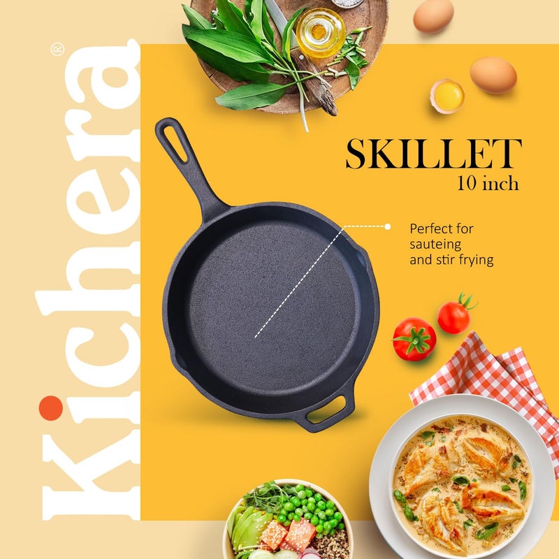 Kichera Pre Seasoned Cast Iron Skillet with Pour Spouts Easy Grip Handle NonStick Frying Pans Compatible with Gas Stovetop Induction Oven 95 Inch 24cm 18Ltr 27kg Pure Toxin Free - Image 3