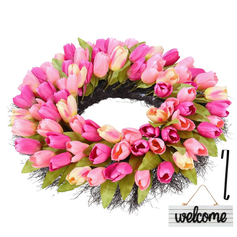 Huadanbor Wreaths, Tulip Wreath, 24 Inch Wreath for Front Door, Spring Wreaths with Metal Hanger, for Summer and Winter, Indoors,Outdoors, corridors, Offices. (Pink) - Image 4