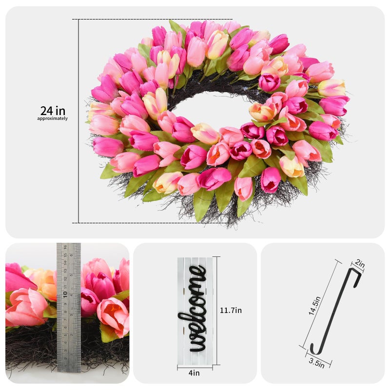 Huadanbor Wreaths, Tulip Wreath, 24 Inch Wreath for Front Door, Spring Wreaths with Metal Hanger, for Summer and Winter, Indoors,Outdoors, corridors, Offices. (Pink) - Image 2