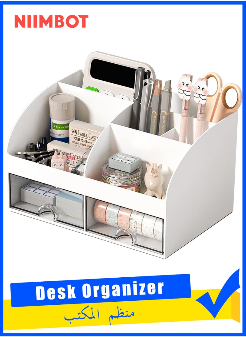 NIIMBOT Desk Organizer and Accessories with 6 Compartments and 2 Drawers, Plastic Makeup Organizer, Pen Holder for Desktop Storage, Desk Organization for School, Home, Office Supplies (White)  - Image 1