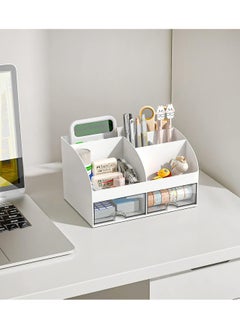 Generic Desk Organizer and Accessories with 6 Compartments and 2 Drawers, Plastic Makeup Organizer, Pen Holder for Desktop Storage, Desk Organization for School, Home, Office Supplies (White)  - Image 3
