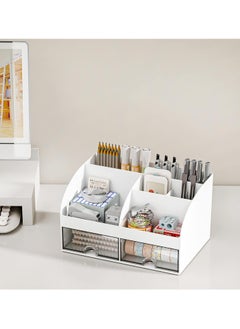 Generic Desk Organizer and Accessories with 6 Compartments and 2 Drawers, Plastic Makeup Organizer, Pen Holder for Desktop Storage, Desk Organization for School, Home, Office Supplies (White)  - Image 4