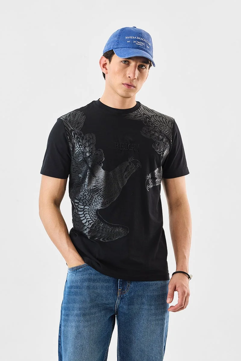 SNITCH Black Graphic Half Sleeve Slim Fit Streetwear T-Shirt