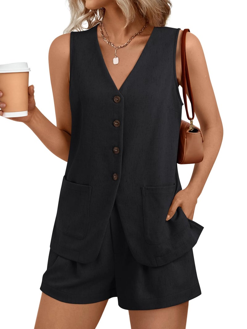 AUTOMET Summer Sets for Women Two Piece Vacation Outfits Short Set Button Down Business Casual Dressy 2 Piece Clothes 2026 Black M - Image 1