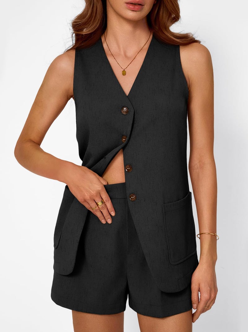 AUTOMET Summer Sets for Women Two Piece Vacation Outfits Short Set Button Down Business Casual Dressy 2 Piece Clothes 2026 Black M - Image 2