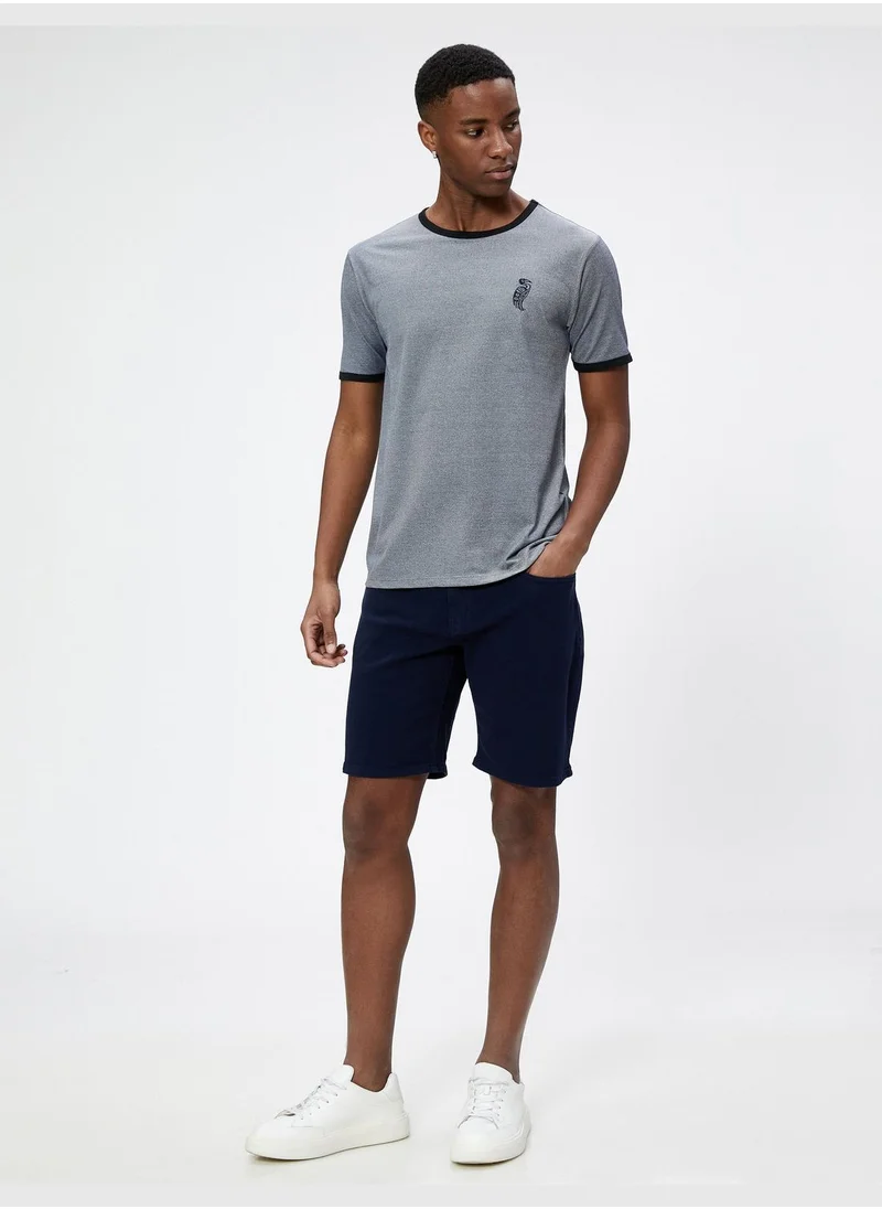 كوتون Bird Embroidered T-Shirt Crew Neck Short Sleeve Slim Fit