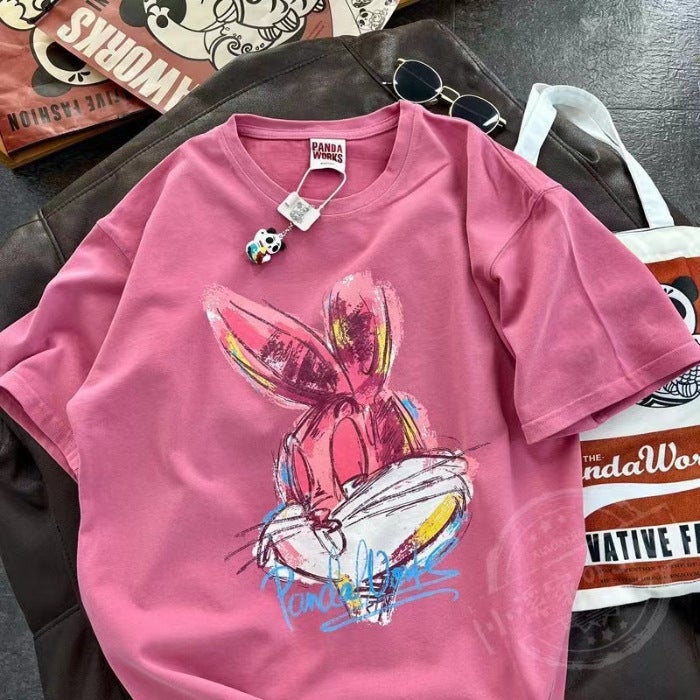 Cotton New Arrival Loose Short-Sleeved Round Neck T-Shirt Women'S Summer Slim-Fit All-Match Rabbit Top Trendy - Image 1