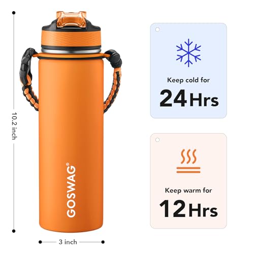 GOSWAG Insulated Sports Water Bottle, 24oz 2 Lids(with Straw/No Straw), Stainless Steel Water Bottles with Paracord Handle, Insulated Bottle with Double-Wall Vacuum Insulation - Image 2