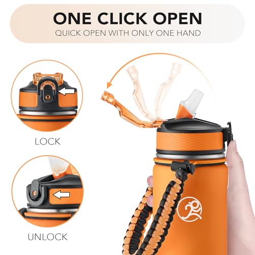 GOSWAG Insulated Sports Water Bottle, 24oz 2 Lids(with Straw/No Straw), Stainless Steel Water Bottles with Paracord Handle, Insulated Bottle with Double-Wall Vacuum Insulation - Image 5