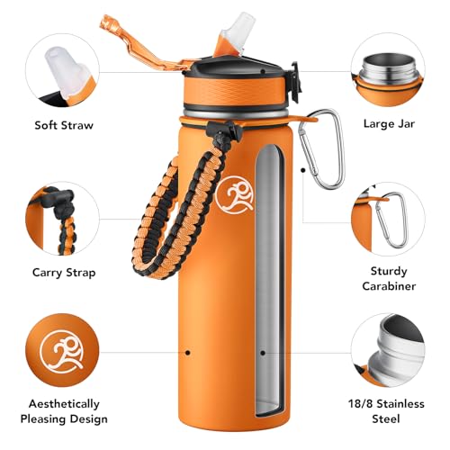 GOSWAG Insulated Sports Water Bottle, 24oz 2 Lids(with Straw/No Straw), Stainless Steel Water Bottles with Paracord Handle, Insulated Bottle with Double-Wall Vacuum Insulation - Image 3