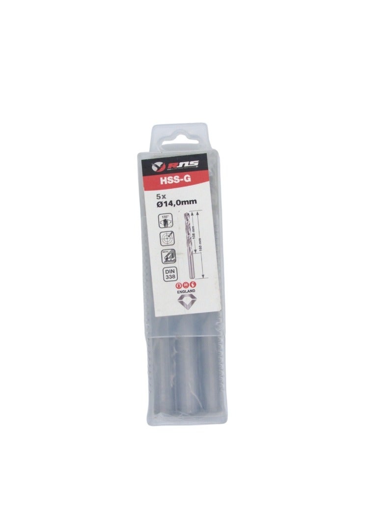 RNS HSS-G TWIST DRILL BIT 14.00 MM RNS, Pack of 5 Ground Flute High Speed Steel Drill Bit for Mild Steel, Alloy Steel and Workshop Use - Image 1