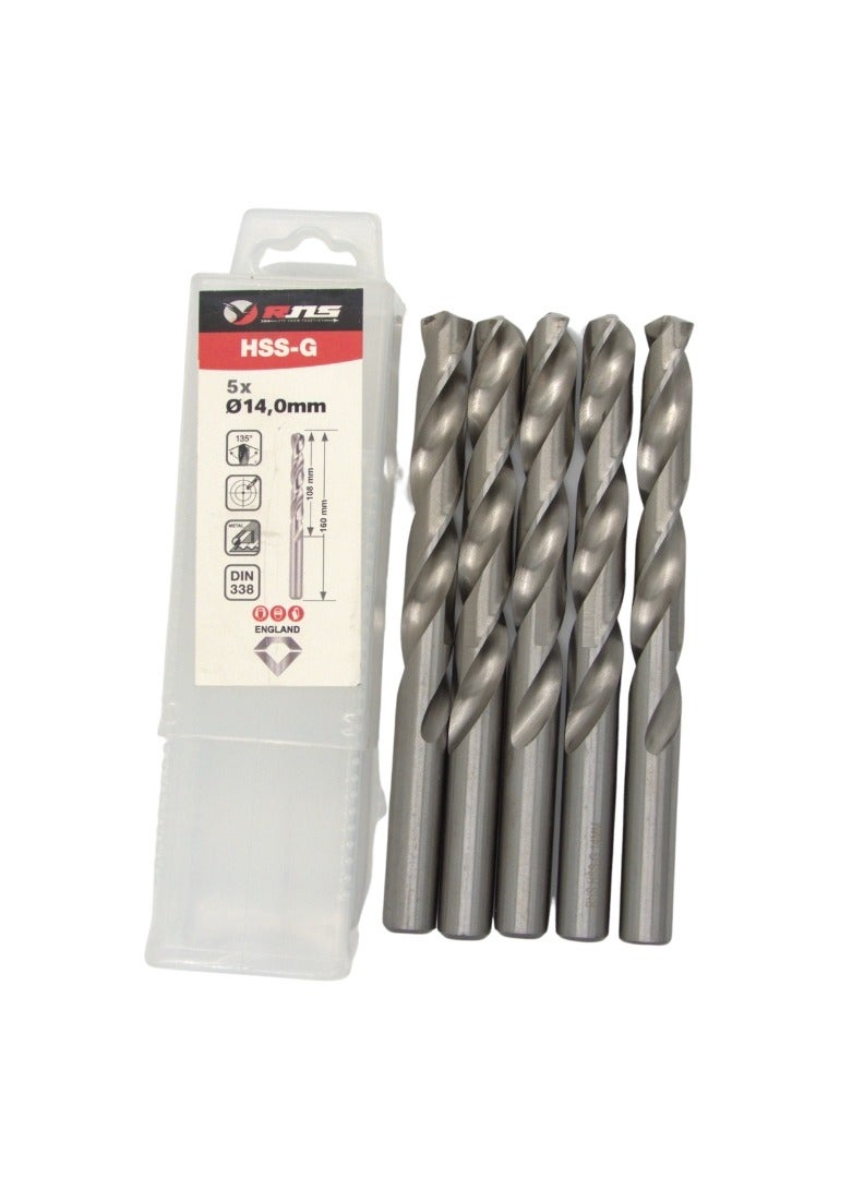 RNS HSS-G TWIST DRILL BIT 14.00 MM RNS, Pack of 5 Ground Flute High Speed Steel Drill Bit for Mild Steel, Alloy Steel and Workshop Use - Image 2