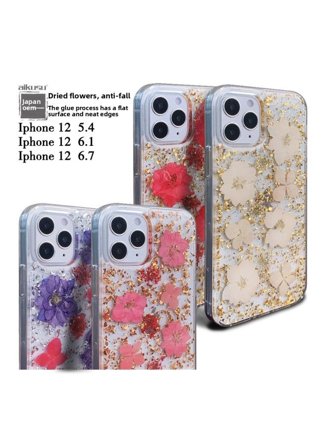Luxury Iphoe 15/12 Drop Glue Mobile Phone Case Dried Flower Gold Foil Drop Glue Protective Case-Color:A031 Blue-Applicable Model:For Iphone14/15plus