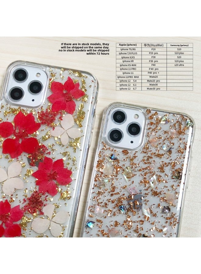 Luxury Iphoe 15/12 Drop Glue Mobile Phone Case Dried Flower Gold Foil Drop Glue Protective Case-Color:A031 Blue-Applicable Model:For Iphone14/15plus
