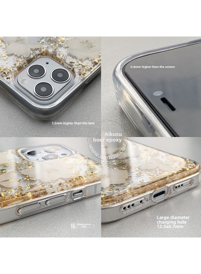 Luxury Iphoe 15/12 Drop Glue Mobile Phone Case Dried Flower Gold Foil Drop Glue Protective Case-Color:A031 Blue-Applicable Model:For Iphone14/15plus
