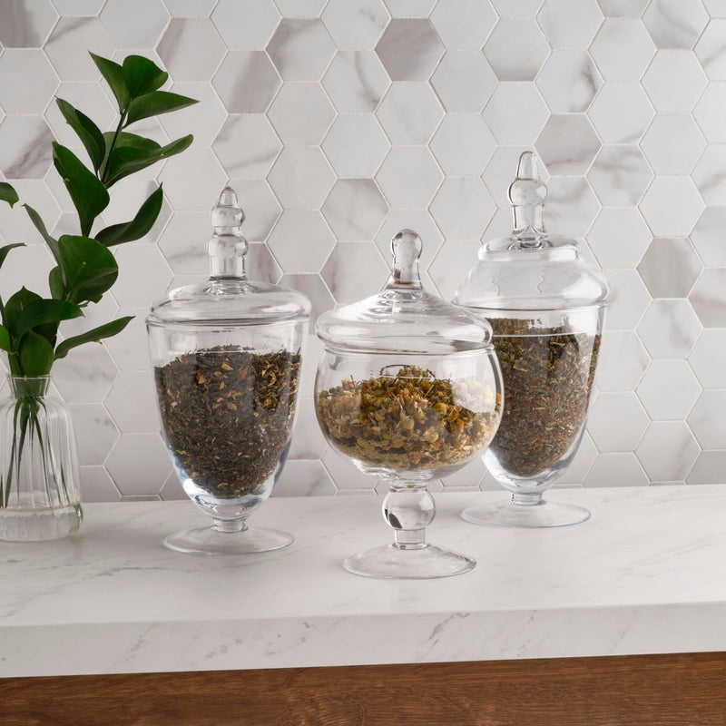 Elements Clear Glass Apothecary Jars with Lids, Set of 3 - Decorative Storage Jars for Home, Kitchen, Bathroom - 10, 9.5, 8.5 Inch Handcrafted Display Jar Set - Image 4