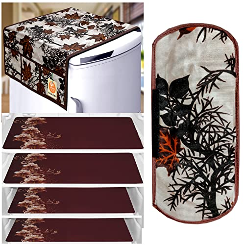 KANUSHI Industries® 1Pc Fridge Cover for Top with 6 Utility Pockets + 1 Handles Covers + 4 Fridge Mats (FRI-Brown-SHUB+1-Handle+M-11-04) - Image 1