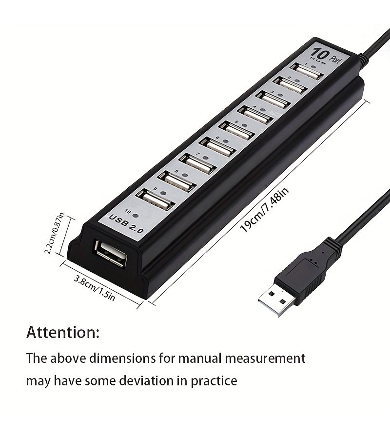 USB Hub 2.0 10 Port USB Expander Splitter With Led Indicator For Laptop Desktop - Image 3