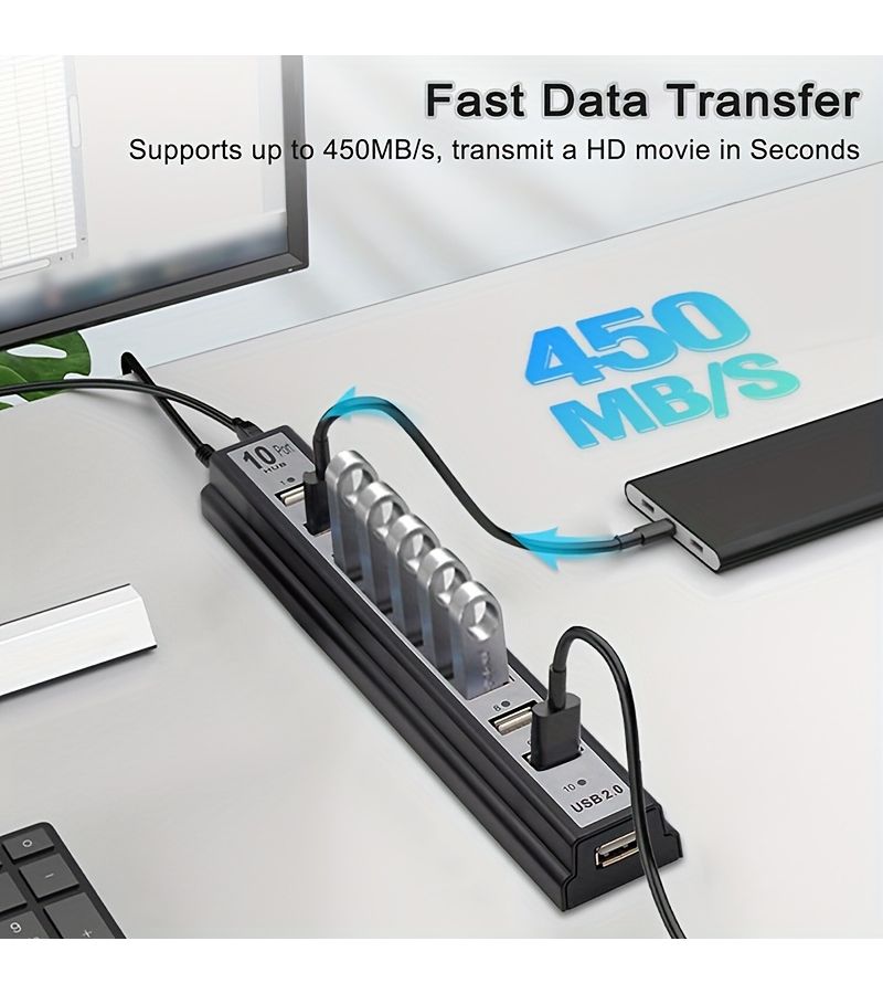 USB Hub 2.0 10 Port USB Expander Splitter With Led Indicator For Laptop Desktop - Image 4
