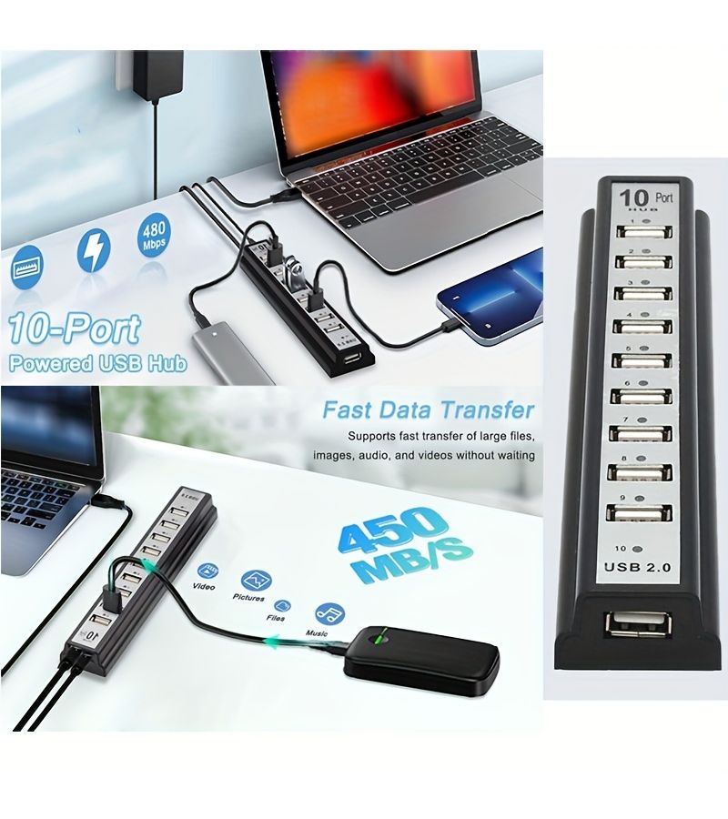 USB Hub 2.0 10 Port USB Expander Splitter With Led Indicator For Laptop Desktop - Image 2