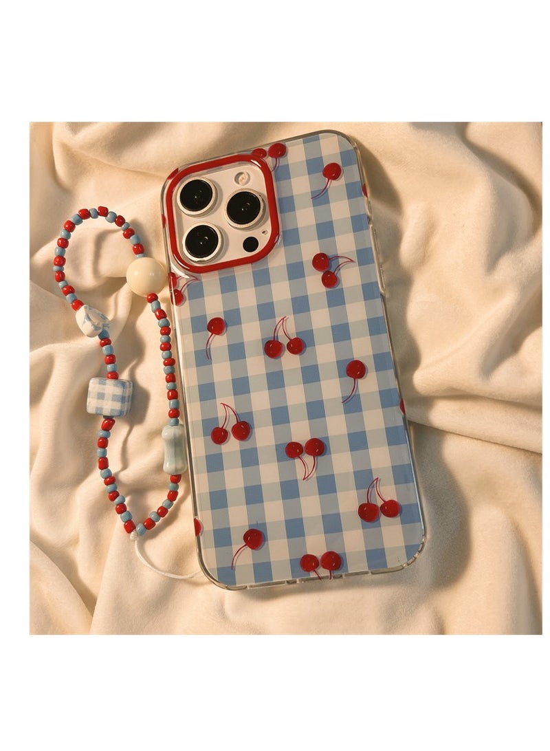 NIBEMINENT Protective TPU Case Cover For iPhone 16 Pro, Blue Checkered Cherry With Bracelet