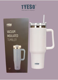 TYESO Tyeso 30 oz Tumbler with Handle, Straw and Lid - Leak Resistant Insulated Stainless Steel Water Bottle, Car Cup Holder Friendly Travel Coffee Mug (White)  - Image 1