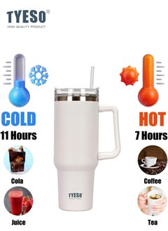 TYESO Tyeso 30 oz Tumbler with Handle, Straw and Lid - Leak Resistant Insulated Stainless Steel Water Bottle, Car Cup Holder Friendly Travel Coffee Mug (White)  - Image 2
