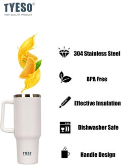 TYESO Tyeso 30 oz Tumbler with Handle, Straw and Lid - Leak Resistant Insulated Stainless Steel Water Bottle, Car Cup Holder Friendly Travel Coffee Mug (White)  - Image 3