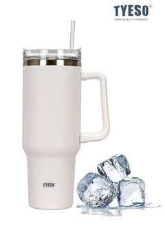 TYESO Tyeso 30 oz Tumbler with Handle, Straw and Lid - Leak Resistant Insulated Stainless Steel Water Bottle, Car Cup Holder Friendly Travel Coffee Mug (White)  - Image 4