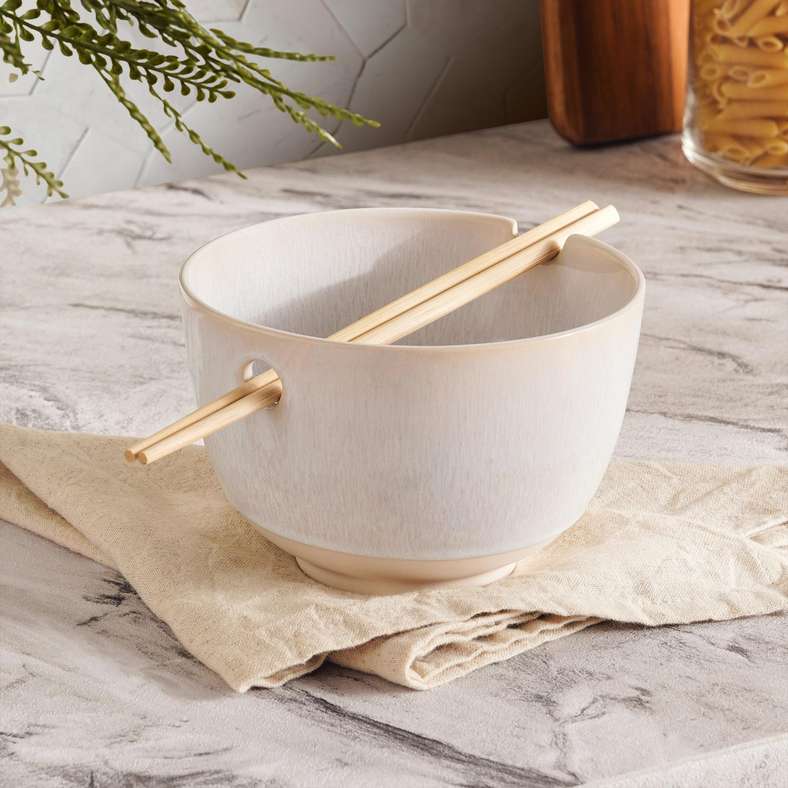 Pan Home Alisa Stoneware Pasta Bowl with Chopsticks Dia15cm -Cream - 172LGQ9900045 - Image 1
