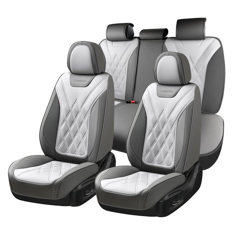 Coverado Car Seat Covers Full Set, Seat Covers for Cars, Front Seat Covers and Back Seat Cover Waterproof Leather Automotive Seat Cover, Universal Car Interior Protectors for Most Cars Light_Gray - Image 1