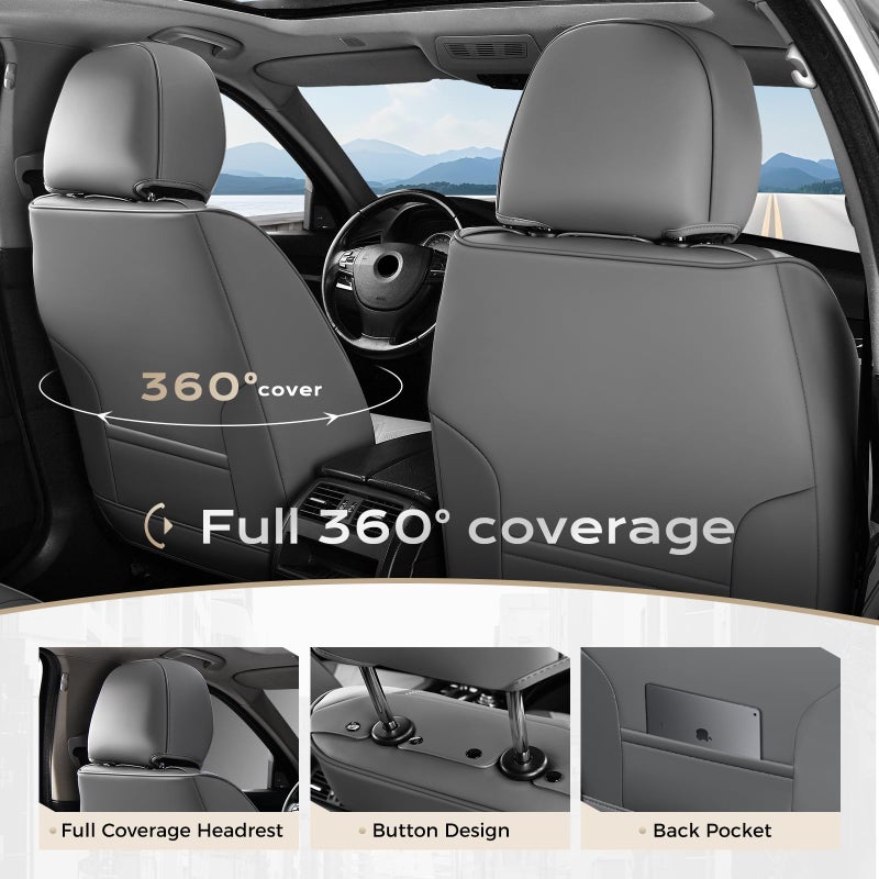 Coverado Car Seat Covers Full Set, Seat Covers for Cars, Front Seat Covers and Back Seat Cover Waterproof Leather Automotive Seat Cover, Universal Car Interior Protectors for Most Cars Light_Gray - Image 3