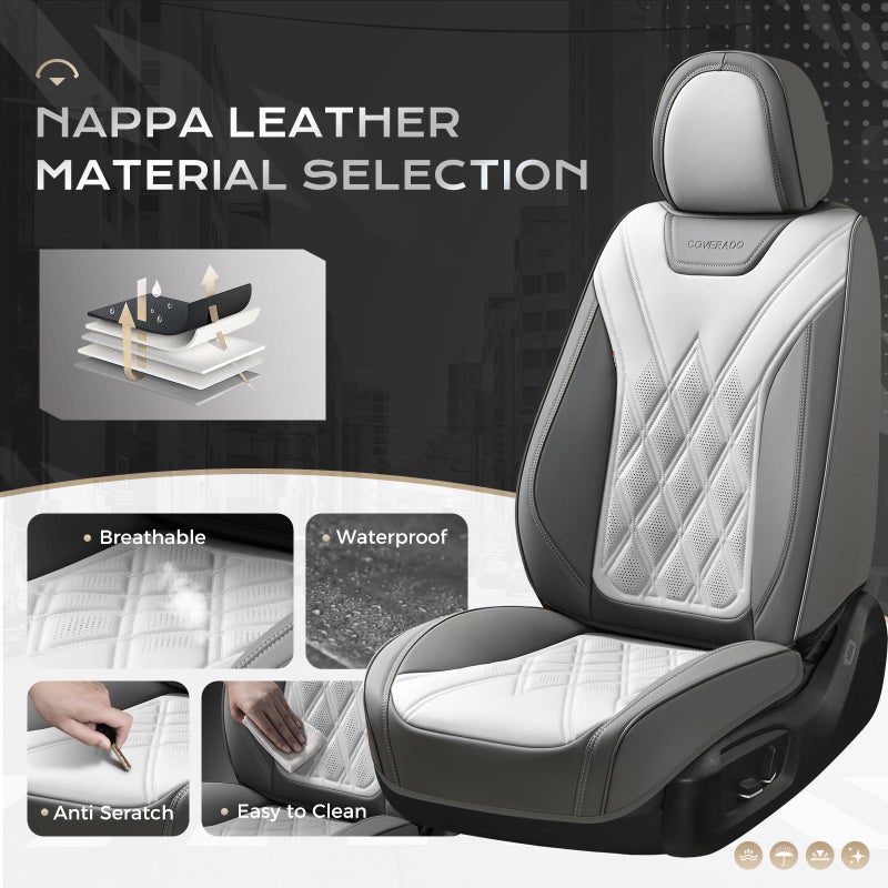 Coverado Car Seat Covers Full Set, Seat Covers for Cars, Front Seat Covers and Back Seat Cover Waterproof Leather Automotive Seat Cover, Universal Car Interior Protectors for Most Cars Light_Gray - Image 2
